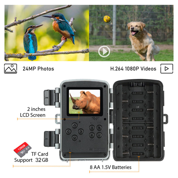Wildlife Camera Game Cam 24MP 1080P avec vision nocturne 42pcs LED infrarouges Distance de déclenchement jusqu'à 20m Angle de détection de 120° pour la chasse