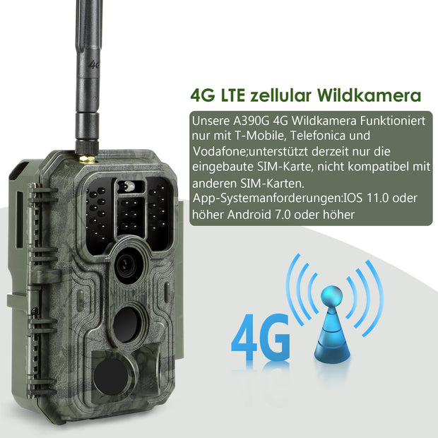 Cámara de Caza 4G LTE 32MP 1296P 120° Detección de movimiento con tarjeta  SIM y tarjeta S.D de 32 GB, resistente al agua IP66 A390G GREEN