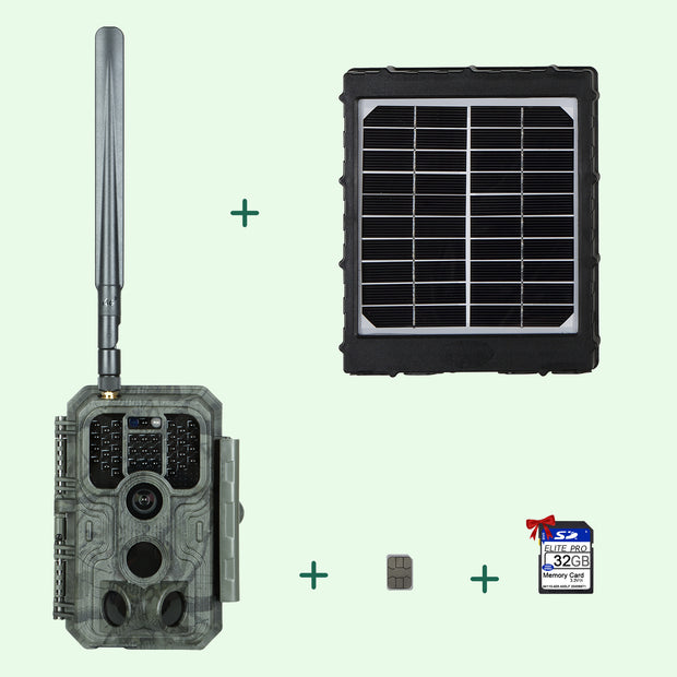 Paquete Cámara de Caza 4G LTE para Panel Solar 32MP 1296P 120° Detección de movimiento 0.1s Detección de movimiento con tarjeta SIM y tarjeta S.D de 32 GB / A390G Verde