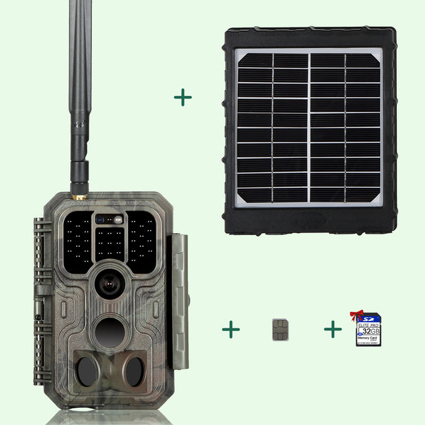 Paquete Cámara de Caza 4G LTE para Panel Solar 32MP 1296P 120° Detección de movimiento 0.1s Detección de movimiento con tarjeta SIM y tarjeta S.D de 32 GB / A390G Rojo